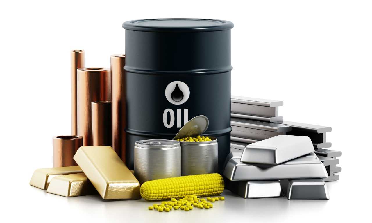 A group of items showing what are commodities including oil, gold, and silver.